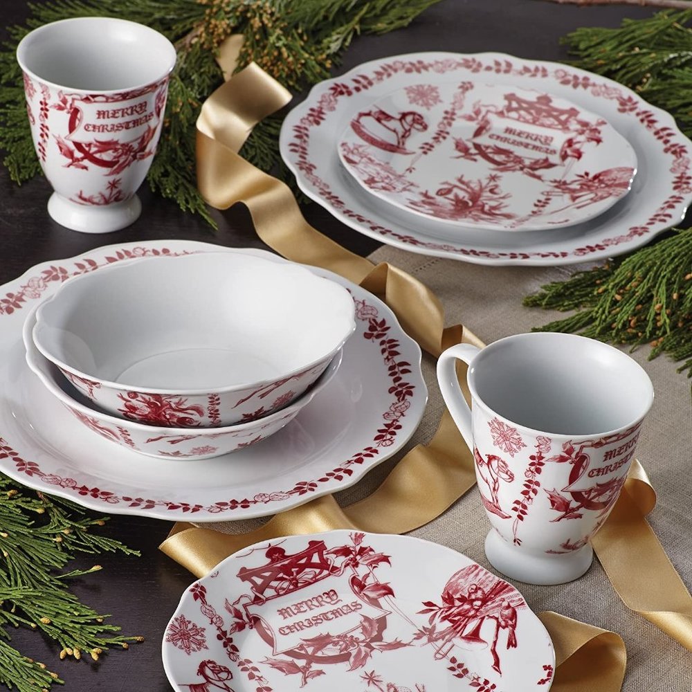 NEW Bonjour 9" Serving Bowl Dinnerware Porcelain Yuletide Christmas Holiday Red